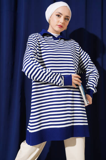 Yatay Çizgili Gömlek Yaka Triko Tunik Lacivert - Spor Tunik
