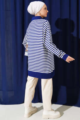 Yatay Çizgili Gömlek Yaka Triko Tunik Lacivert - Triko Tunik