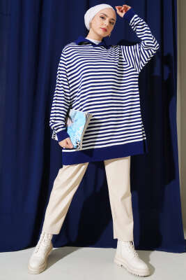 Yatay Çizgili Gömlek Yaka Triko Tunik Lacivert - Triko Tunik