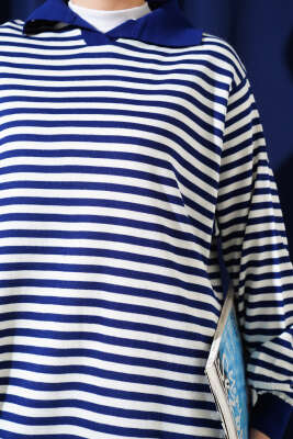 Yatay Çizgili Gömlek Yaka Triko Tunik Lacivert - Triko Tunik