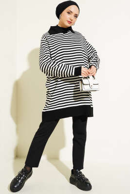 Yatay Çizgili Gömlek Yaka Triko Tunik Siyah - Triko Tunik