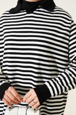 Yatay Çizgili Gömlek Yaka Triko Tunik Siyah - Triko Tunik