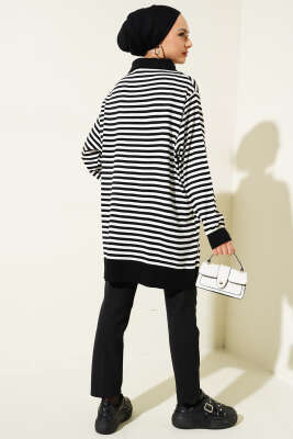 Yatay Çizgili Gömlek Yaka Triko Tunik Siyah - Triko Tunik