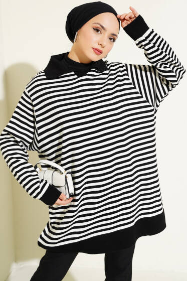 Yatay Çizgili Gömlek Yaka Triko Tunik Siyah - Tunik