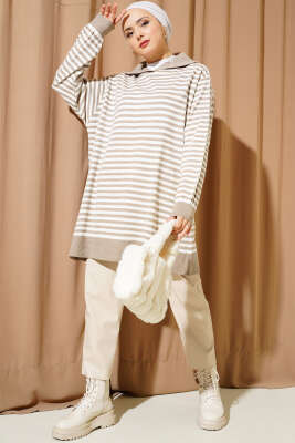 Yatay Çizgili Gömlek Yaka Triko Tunik Vizon - Triko Tunik