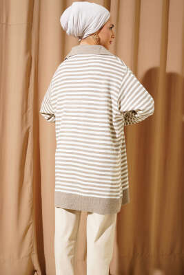 Yatay Çizgili Gömlek Yaka Triko Tunik Vizon - Triko Tunik