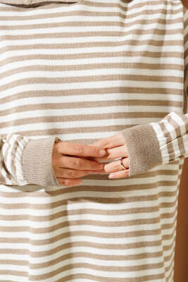 Yatay Çizgili Gömlek Yaka Triko Tunik Vizon - Triko Tunik