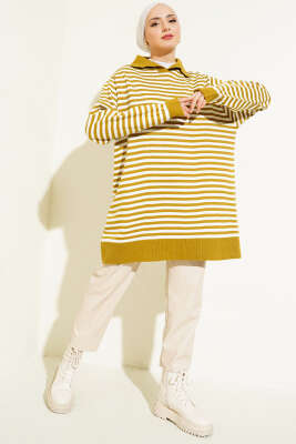 Yatay Çizgili Gömlek Yaka Triko Tunik Yağ Yeşili - Triko Tunik
