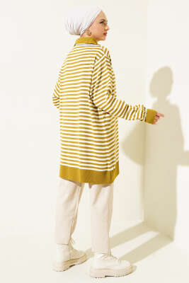 Yatay Çizgili Gömlek Yaka Triko Tunik Yağ Yeşili - Triko Tunik