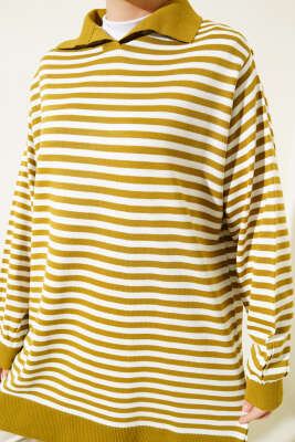 Yatay Çizgili Gömlek Yaka Triko Tunik Yağ Yeşili - Triko Tunik