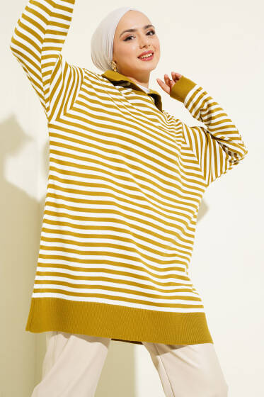Yatay Çizgili Gömlek Yaka Triko Tunik Yağ Yeşili - Tunik