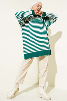 Yatay Çizgili Gömlek Yaka Triko Tunik Zümrüt - Triko Tunik