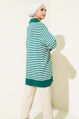 Yatay Çizgili Gömlek Yaka Triko Tunik Zümrüt - Triko Tunik