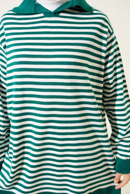 Yatay Çizgili Gömlek Yaka Triko Tunik Zümrüt - Triko Tunik