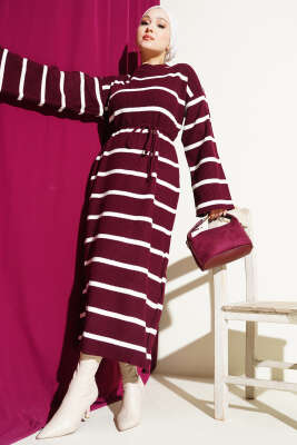 Yatay Çizgili İp Bağcıklı Triko Elbise Bordo - VANİZA TRİKO