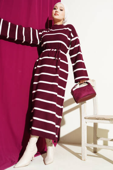 Yatay Çizgili İp Bağcıklı Triko Elbise Bordo - Elbise