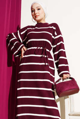 Yatay Çizgili İp Bağcıklı Triko Elbise Bordo - Elbise