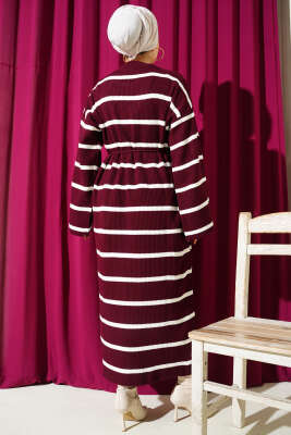 Yatay Çizgili İp Bağcıklı Triko Elbise Bordo - Elbise