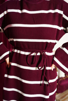 Yatay Çizgili İp Bağcıklı Triko Elbise Bordo - Elbise