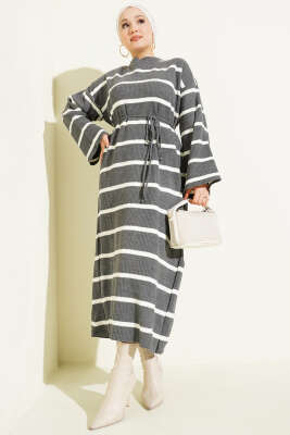 Yatay Çizgili İp Bağcıklı Triko Elbise Füme - VANİZA TRİKO