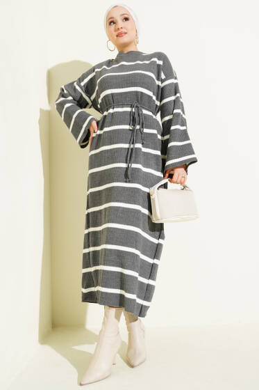 Yatay Çizgili İp Bağcıklı Triko Elbise Füme - Elbise