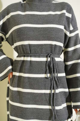 Yatay Çizgili İp Bağcıklı Triko Elbise Füme - Elbise