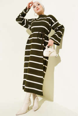 Yatay Çizgili İp Bağcıklı Triko Elbise Haki - VANİZA TRİKO
