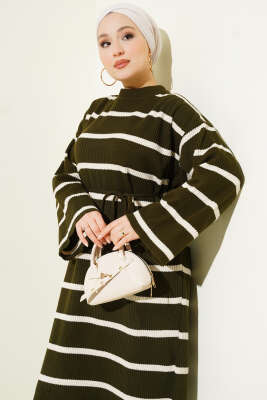 Yatay Çizgili İp Bağcıklı Triko Elbise Haki - Elbise