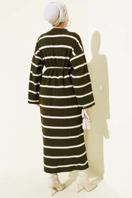 Yatay Çizgili İp Bağcıklı Triko Elbise Haki - Elbise