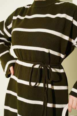 Yatay Çizgili İp Bağcıklı Triko Elbise Haki - Elbise