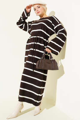 Yatay Çizgili İp Bağcıklı Triko Elbise Kahve - VANİZA TRİKO