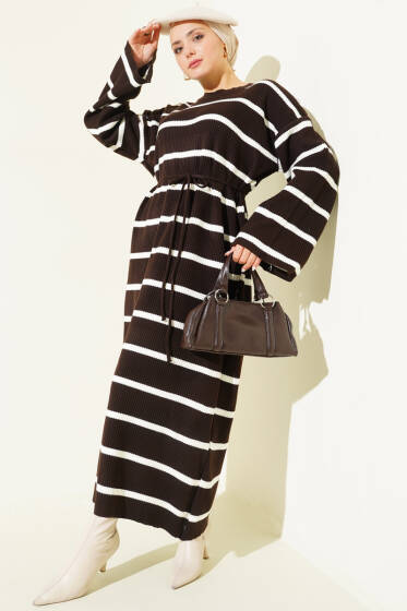 Yatay Çizgili İp Bağcıklı Triko Elbise Kahve - Elbise