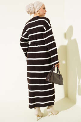 Yatay Çizgili İp Bağcıklı Triko Elbise Kahve - Elbise