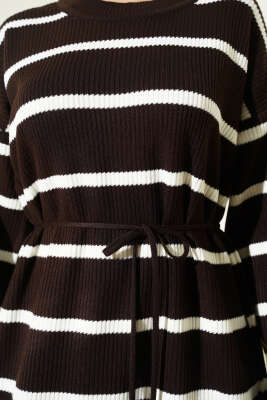 Yatay Çizgili İp Bağcıklı Triko Elbise Kahve - Elbise