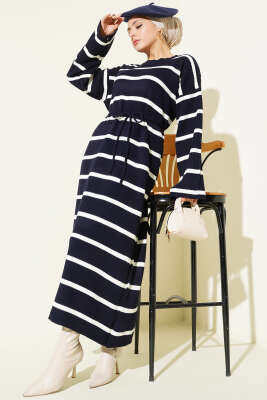 Yatay Çizgili İp Bağcıklı Triko Elbise Lacivert - VANİZA TRİKO