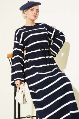 Yatay Çizgili İp Bağcıklı Triko Elbise Lacivert - Elbise