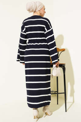 Yatay Çizgili İp Bağcıklı Triko Elbise Lacivert - Elbise