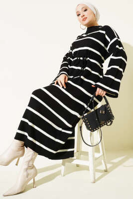 Yatay Çizgili İp Bağcıklı Triko Elbise Siyah - VANİZA TRİKO