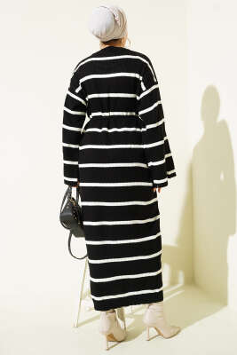 Yatay Çizgili İp Bağcıklı Triko Elbise Siyah - Elbise