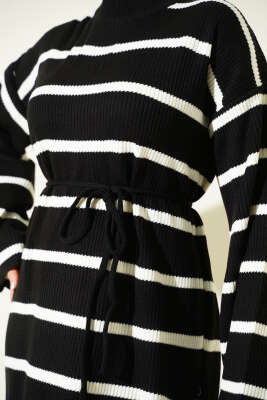 Yatay Çizgili İp Bağcıklı Triko Elbise Siyah - Elbise