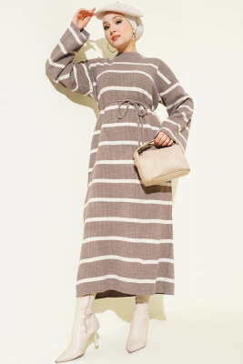 Yatay Çizgili İp Bağcıklı Triko Elbise Vizon - Elbise