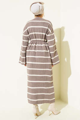 Yatay Çizgili İp Bağcıklı Triko Elbise Vizon - Elbise