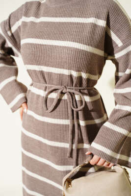 Yatay Çizgili İp Bağcıklı Triko Elbise Vizon - Elbise