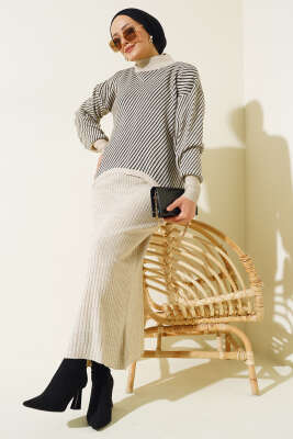 Yatay Çizgili Jileli Triko İkili Takım Bej 