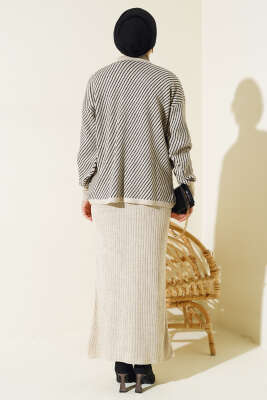 Yatay Çizgili Jileli Triko İkili Takım Bej - Triko İkili Takım