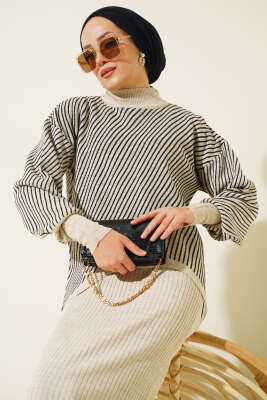 Yatay Çizgili Jileli Triko İkili Takım Bej - Triko İkili Takım