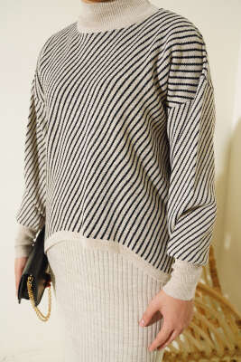 Yatay Çizgili Jileli Triko İkili Takım Bej - Triko İkili Takım