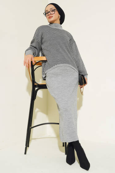 Yatay Çizgili Jileli Triko İkili Takım Gri - İkili Takım