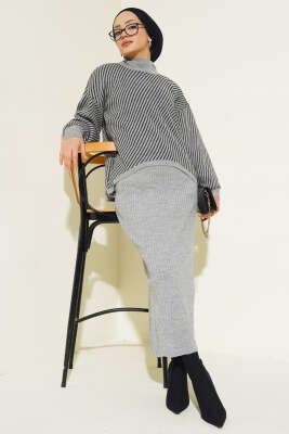 Yatay Çizgili Jileli Triko İkili Takım Gri 