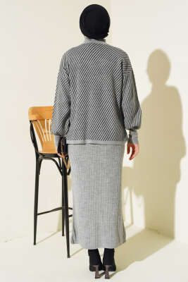 Yatay Çizgili Jileli Triko İkili Takım Gri - Triko İkili Takım